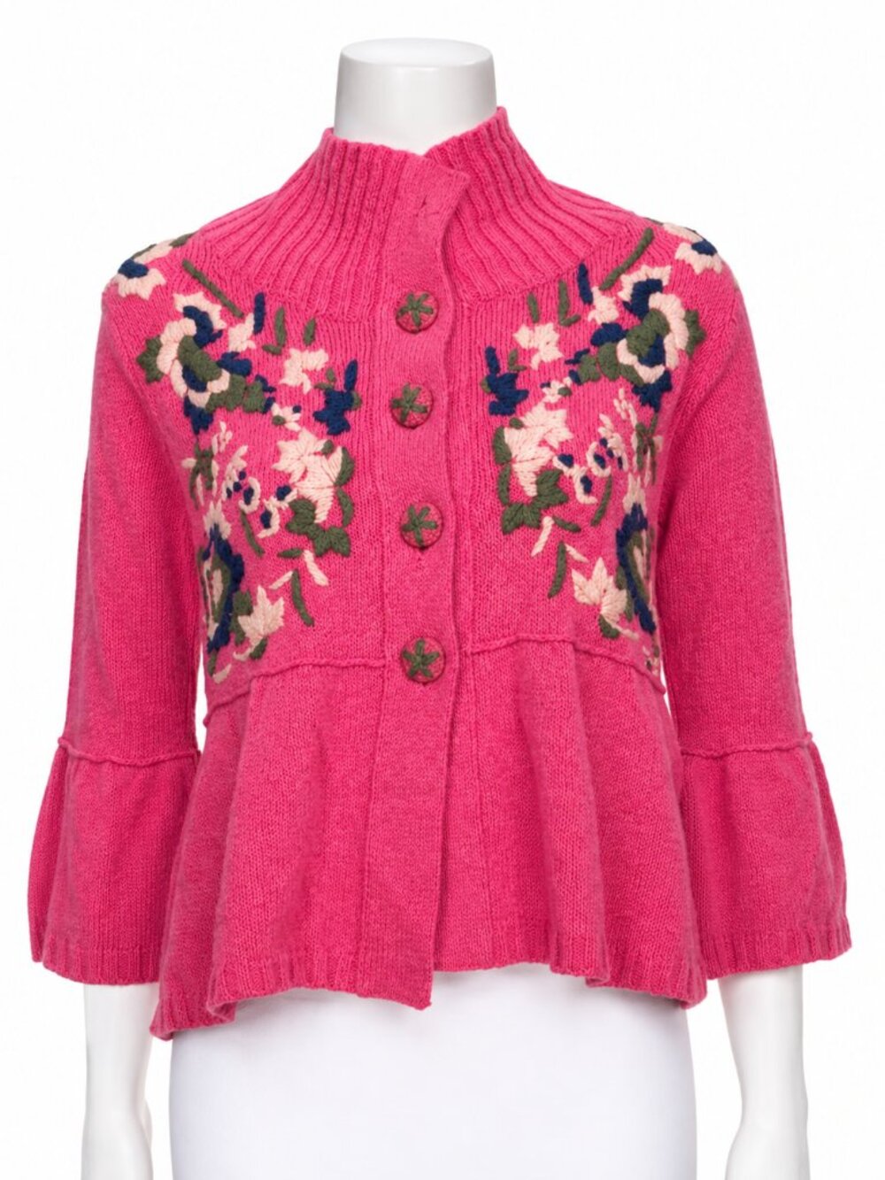 galliano embroidered floral pink flutter bell sleeve peplum sweater button y2k